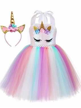 Unbranded White & Pastel Unicorn Tutu Dress with Gold Accent Headband